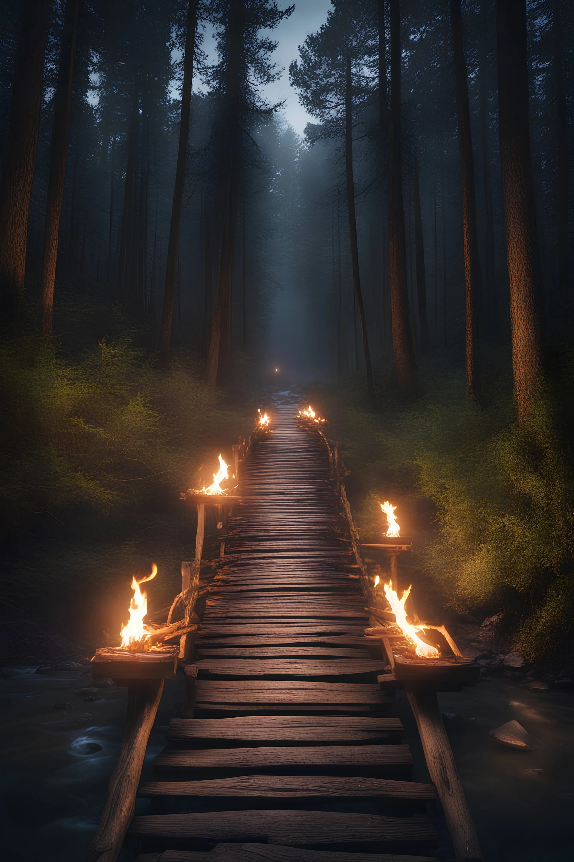 A wooden bridge above a river in the forest at night with fire torches on each side,A wooden bridge in the forest at night with fire torches on each side,a wild forest ,The staircase stands unwavering, a symbol of strength and endurance.