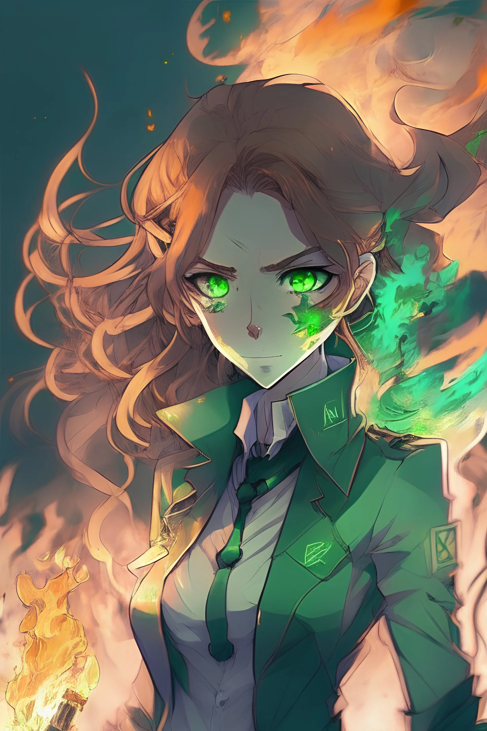 agent and a scientist who deals with poison and acid, burning down and suffocating her enemies. Attracting attention with her light brown hair and green eyes and A dangerous and beautiful woman dark academia style drawing aesthetic 2d anime style