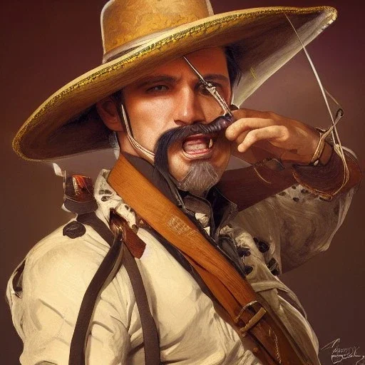 portrait,"Insanely detailed photograph of a male western mustachioed crossbowman", detailed charro and Sombrero, digital painting,eye patch, cigar, artstation, concept art, sharp focus, illustration, art by artgerm and greg rutkowski and alphonse mucha, 8 k,fantasy, unreal engine