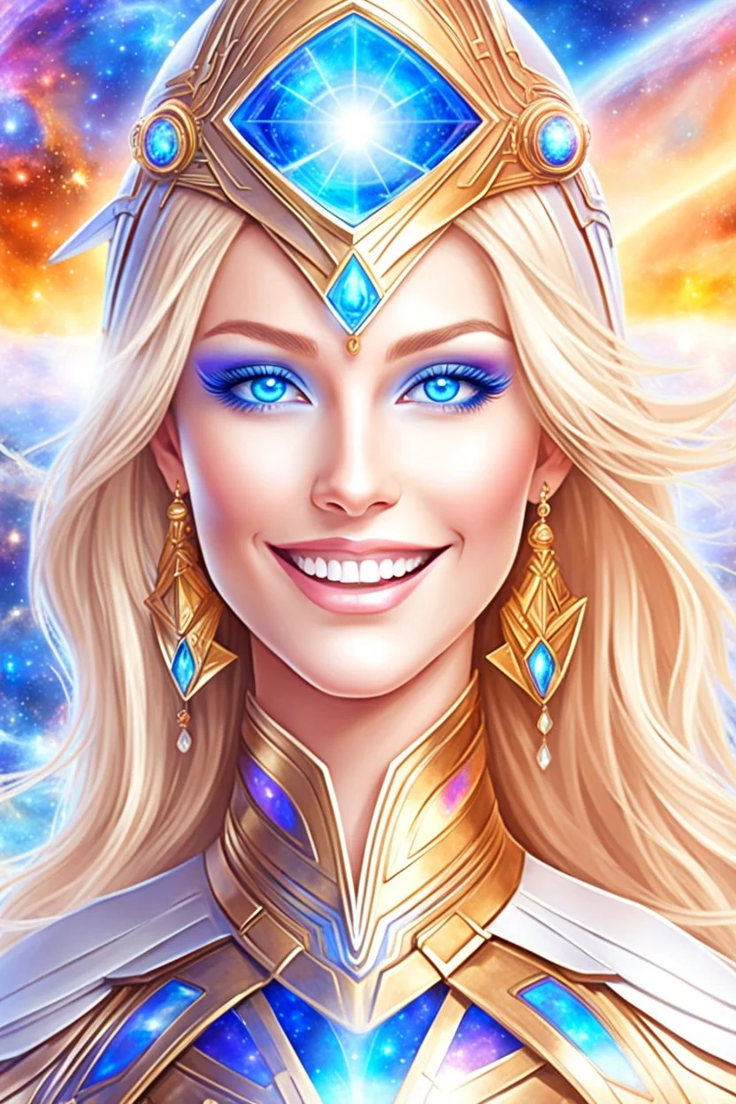 cosmic woman smile, admiral from the future, one fine whole face, crystalline skin, expressive blue eyes,rainbow, smiling lips, very nice smile, costume pleiadian, Beautiful tall woman pleiadian Galactic commander, ship, perfect datailed golden galactic suit, high rank, long blond hair, hand whit five perfect detailed finger, amazing big blue eyes, smilling mouth, high drfinition lips, cosmic happiness, bright colors, blue, pink, gold, jewels, realist, high,rainbow commander