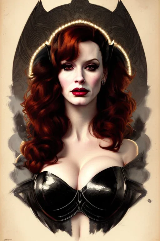 painting of christina hendricks as evil queen in black leather, feminie, angry, volouptous, busty, cleavage, emperious, mature, highly detailed, digital painting, artstation, concept art, smooth, sharp focus, illustration, art by gaston bussiere and alphonse mucha