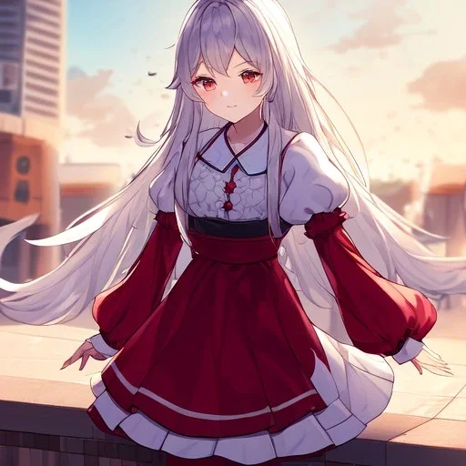 Clear focus, High resolution, Rough line, cute, cartoon style, white long hair, spiky hair, wearing a white long sleeve skirt, wearing a red skirt and a white line, red lines on shirt, puffy sleeves on the top, teenager, 1girl (solo)