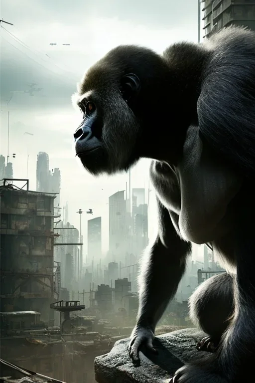 Gorilla, post-apocalyptic in a cyberpunk city, realistic, intriacte detail, sci-fi fantasy style, volumetric lighting, particales,highly detailed,cinamatic, deep