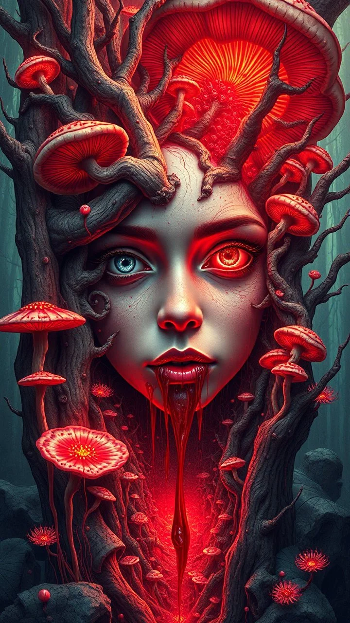 Quintessential Horror Surrealism:A a pretty girl face , dimensional fission through Seedream 3D recursive rendering, fracturing into chaos Legion Doodle simultaneous nightmare realities while simultaneously occupying four perforated reality levels—manifests as a blood-drenched forest where trees weep crimson sap and bioluminescent fungi pulse with recursive Fibonacci patterns, surrounded by carnivorous flowers with fanged mouths dripping neon venom; mat