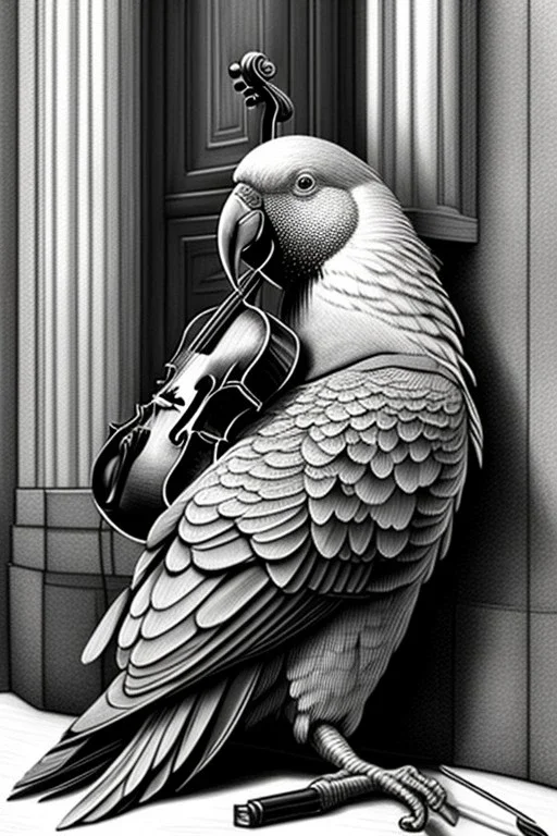 One single mature parrot, sleeping in a corner on the street, violin case, Vienna, model style, hyper realistic, extremely accurate, delicate, extremely detailed, Graphic novel style, wide-angle, open aperture, superfine pencil
