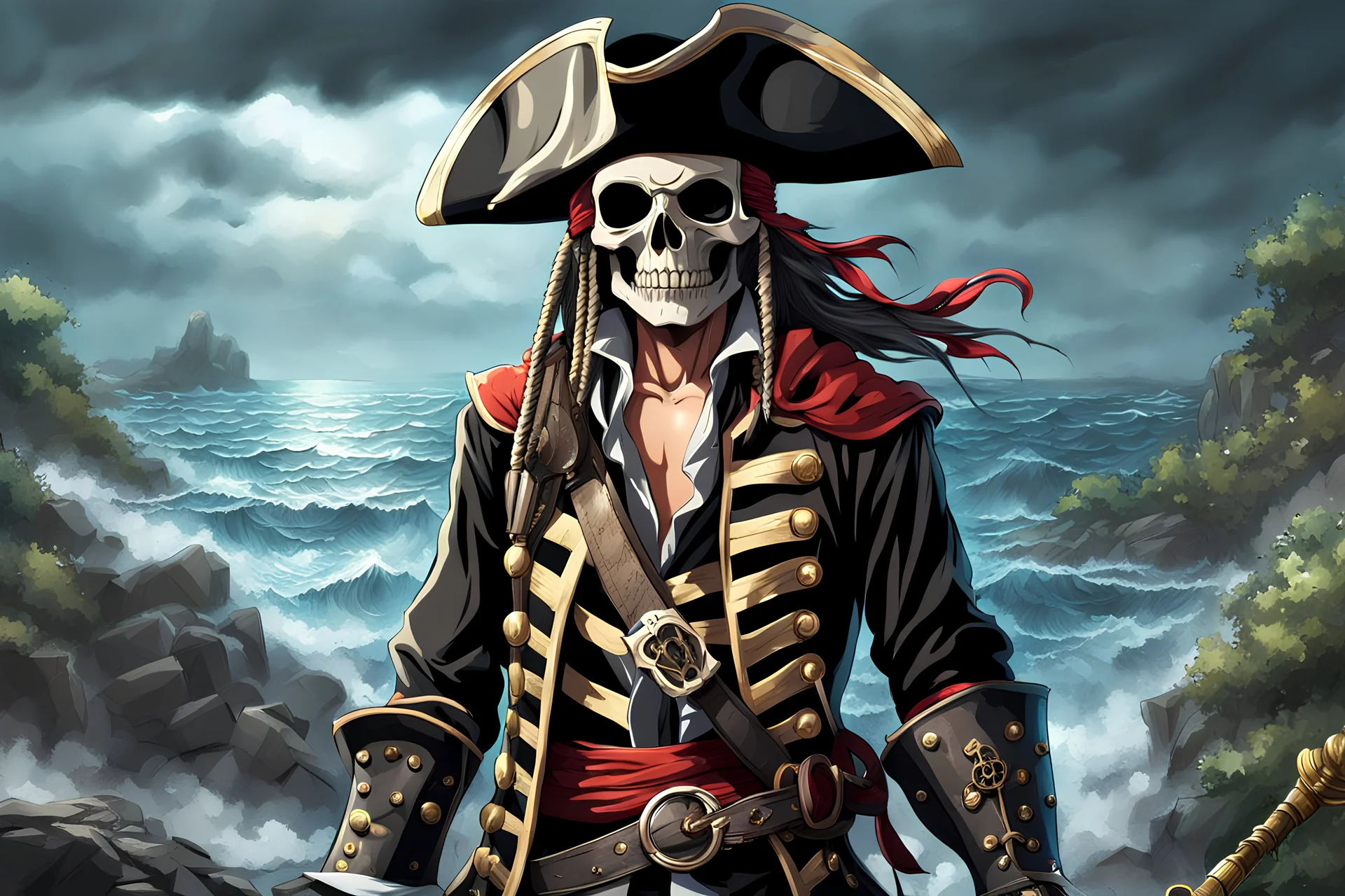 Skeleton pirate in 8k realistic anime drawing style, sea, Storm, close picture, rain, highly detailed, high details, detailed portrait, masterpiece,ultra detailed, ultra quality