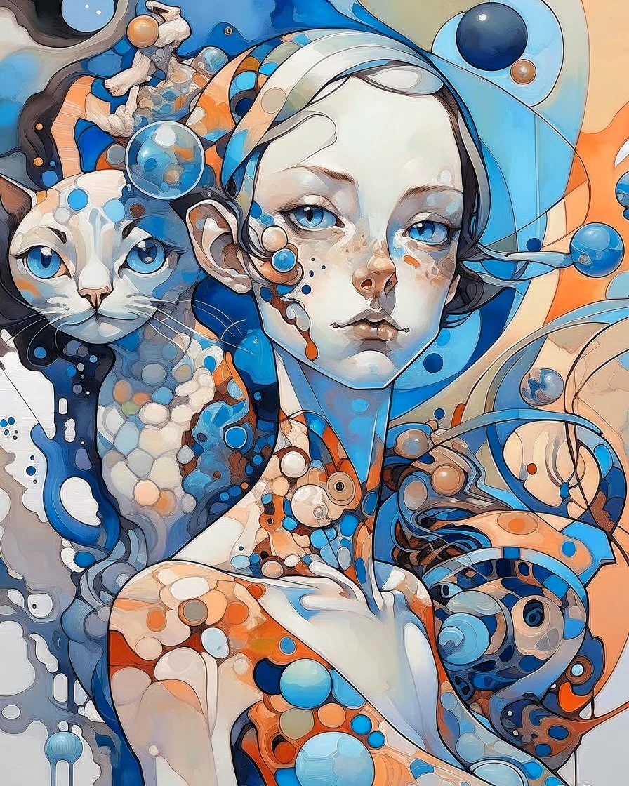 Abstract biomorphic mixed-media painting of woman with Siamese ca, caught in a dynamic off-balance pose inside [SCENERY]. Build the figures from irregular floating shape-cells, softly warped anatomy, oversized curious eyes, rounded mask-like faces, playful distorted proportions, and interlocking organic fragments that feel hand-cut and reassembled. Use pastels with translucent alcohol-ink blooms, watery pigment stains, dry watercolor edges, milky gradients, saturat