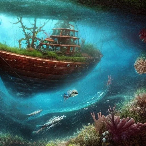 a hyper-realistic sunken ship on ocean floor, moss, coral reef, fish, broken, abandoned, 8k, high-quality, fine-detail, intricate, sharp, crisp, digital art, detailed matte, illustration, octane render, brian froud, howard lyon, Anne Dittman, Anne Stokes, Lisa Parker, Selina French