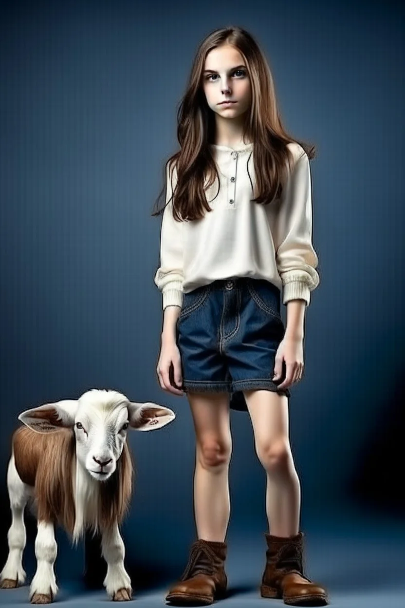 pretty girl, aged 17, brunette, conventionally attractive, full body goat legs, modern clothes