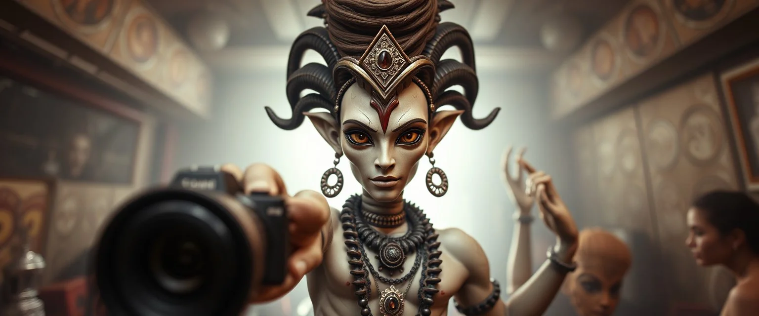 nephilim ai meat grinder camera meetup selfie smart transcendent innocent little humanoid shiva with big hairdo pointing at camera