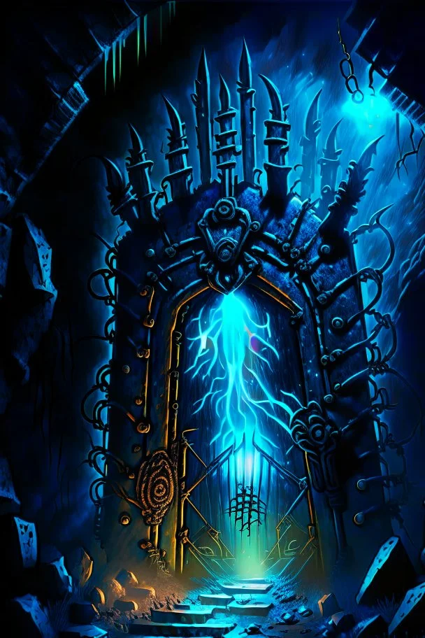 Glowing spiked iron entrance to a scary scifi blue mine at night steampunk rpg painterly art