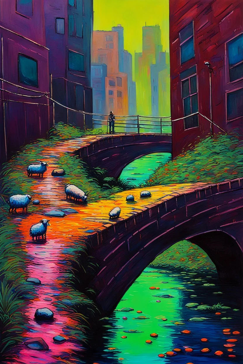 painting of a cyberpunk colourful natural walkway rubbish on the street in the city with pollution and a small bridge by a creek with electric sheep and androids by monet