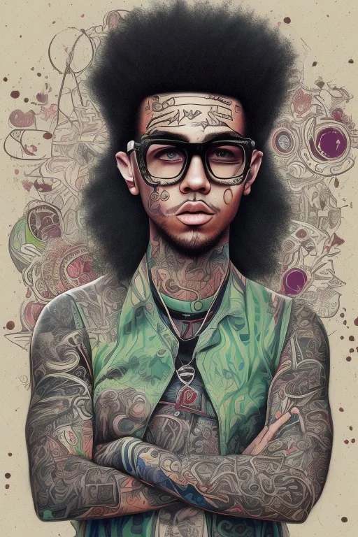 Rapper with glasses on, tattoos and piercings, afro hair and baggy pants. Graffiti wall in background