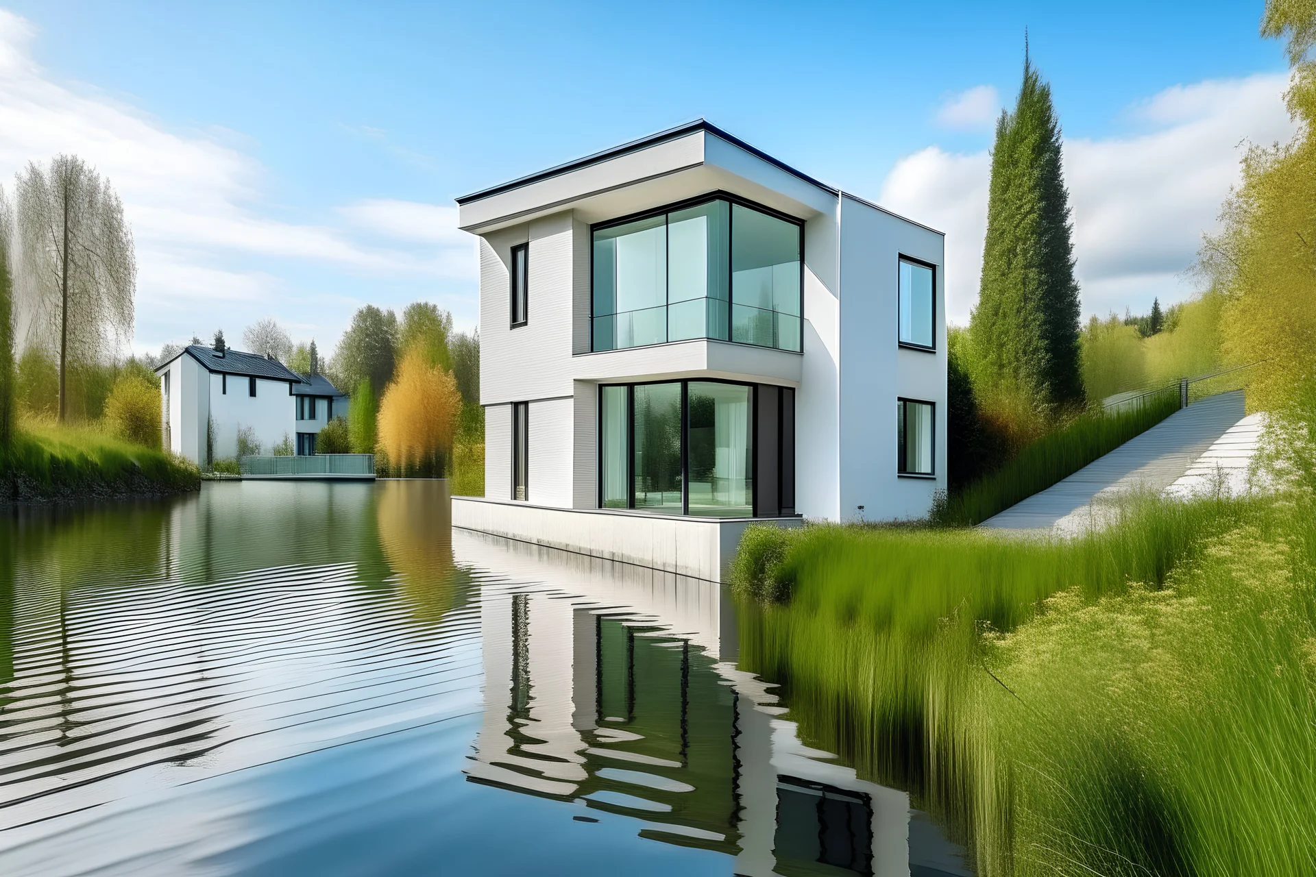 haus am see, modern, freistehend, in zentralperspektive