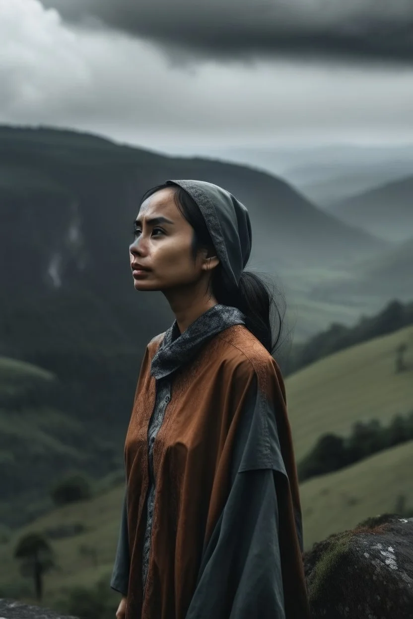 Wanita Indonesia cantik berdiri di tepi bukit saat hujan deras sendiri menatap langit