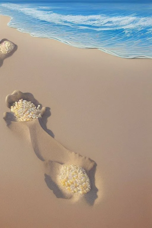 Human footprints and shells scattered in the sand on the beach Hyper realistic, oil on canvas award winning fantastic view ultra detailed acrylic art Ultra realistic Impressionism Surrealism simen johan, sharp focus intricate oil on canvas cinematic lighting photorealistic high detail ultra detailed crisp quality colourful in sunshine