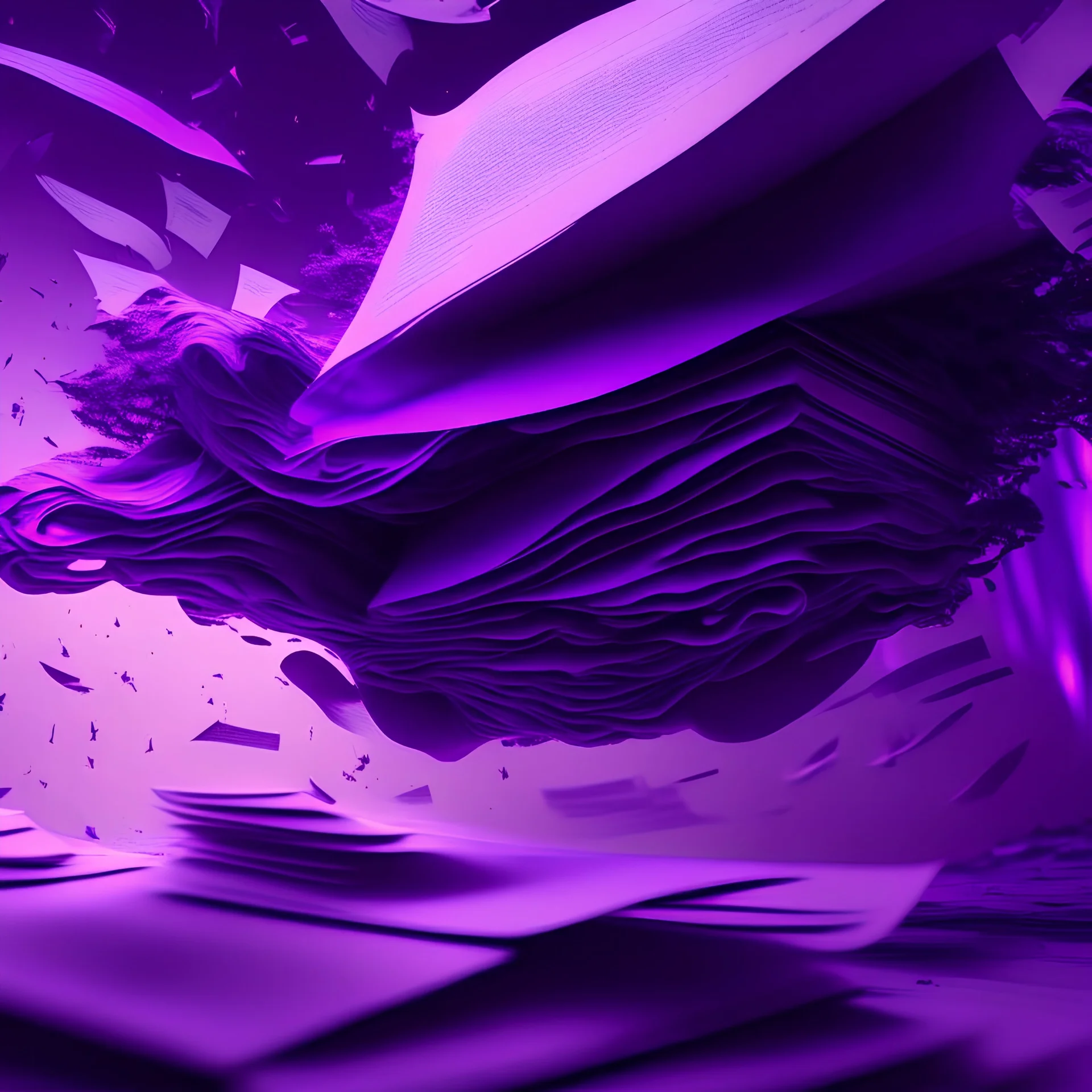 giant documents floating around, purple tones, dreamy, psychedelic, 4k, sharp focus