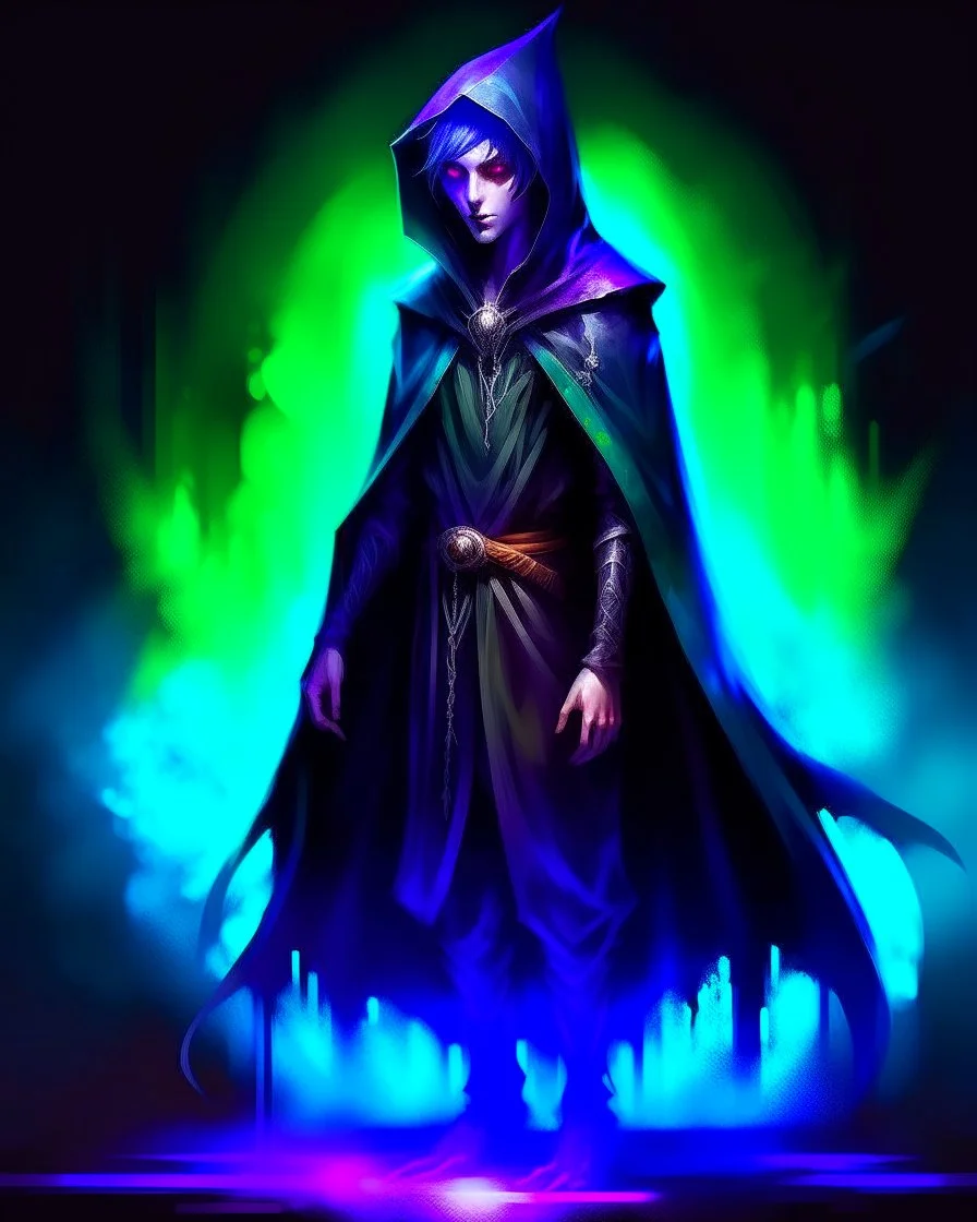 Watercolour painting character full body portrait of a half elf male shadow sorceror, dark armour and hood, smirk, creepy, charismatic, handsome, very dark shadowy background, full legs, creepy dark colours --ar 3:4 --v 6.1