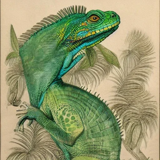 technical illustration of an iguana, botanical illustration, scientific illustration, highly detailed, marginalia