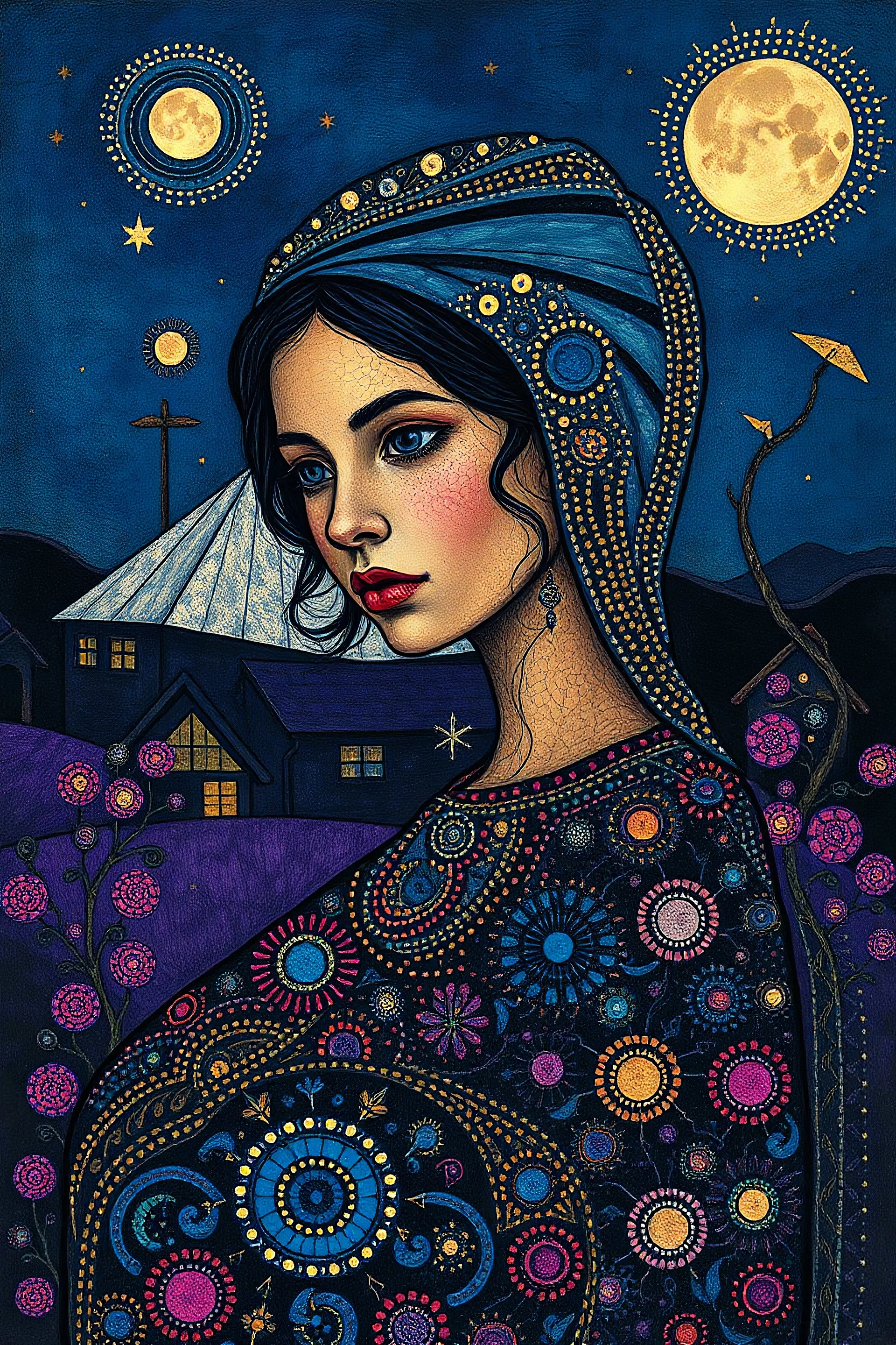 Surreal-dadaism of a village young lady, fauvism mondrial by Ross Draws,Andy Kehoe, Hokusai, deep blue, deep purple, gold foil, copper foil Zentangle, math art, dot art, circle art, spiral art, concrete art, by Norman Rockwell, by ivv, Anton Fadeev, Krenz Cushart, geometrical and lace pattern