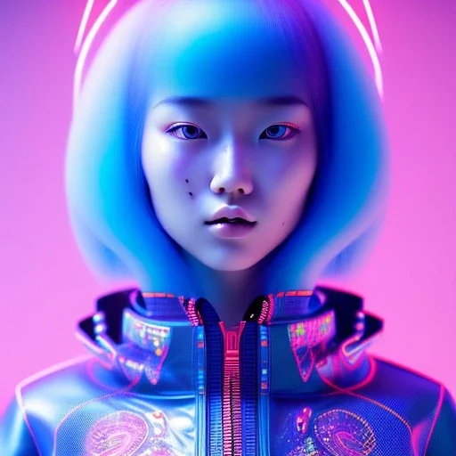 asian woman teenager, few freckles, padded coat, retro futuristic, latex dress, gradient color, BLUE, PINK, CYAN, neon, insanely detailed, 16k resolution, perfect eyes, cinematic smooth, intricate detail