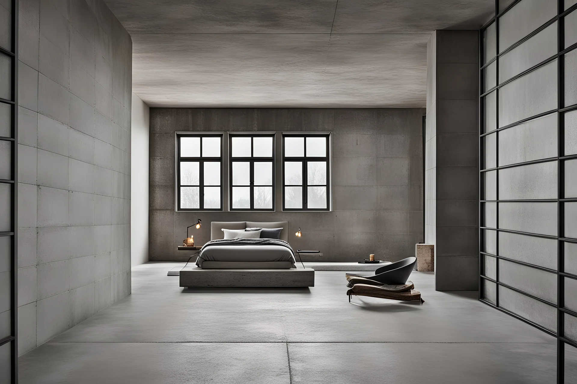 Editorial Style Photo, Grid, Dutch Angle, Industrial, Bedroom, U-Shape, Tile, Concrete, Window View, Hard, Organic, Monochromatic, Winter, Raymour