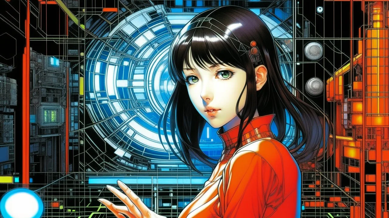 An illustration by Kuniyoshi and Miyazaki of a tech-girl inside a futuristic matrix-grid.