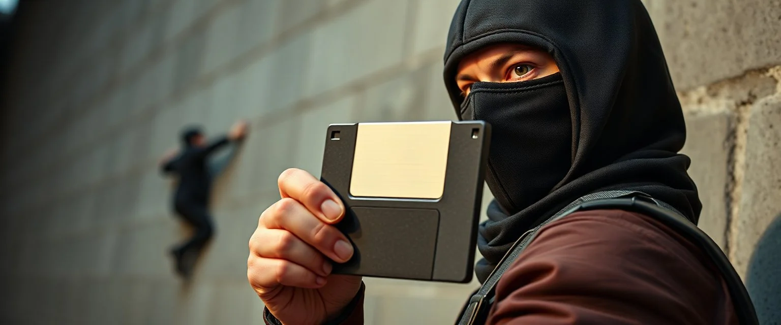 close up on guard holding up a diskette in front of a professional ninja thief climbing a wall during lightening,