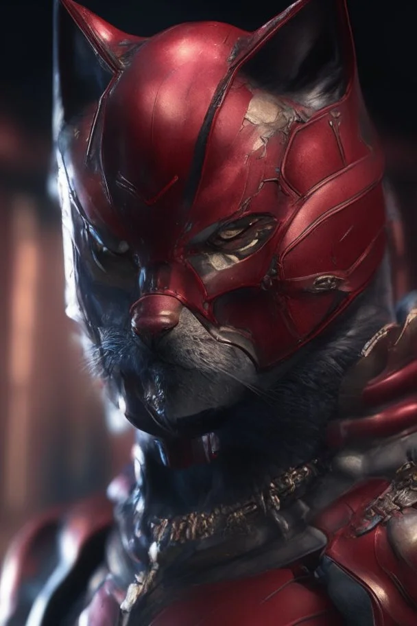 Iconic Cat-Man, red and silver, ultra-detailed armor, eye mask cat, stunning portrait, dynamic shot, richly saturated colors, full body, cinematic atmosphere, global illumination, intricate shadows, reflections, Octane rendering, hyper-realistic, unparalleled detail, 8K , concept art, physically based rendering, intricate textures, subsurface scattering, timeless masterpiece, AI enhanced, GAN, ray tracing, depth of field, neural network,