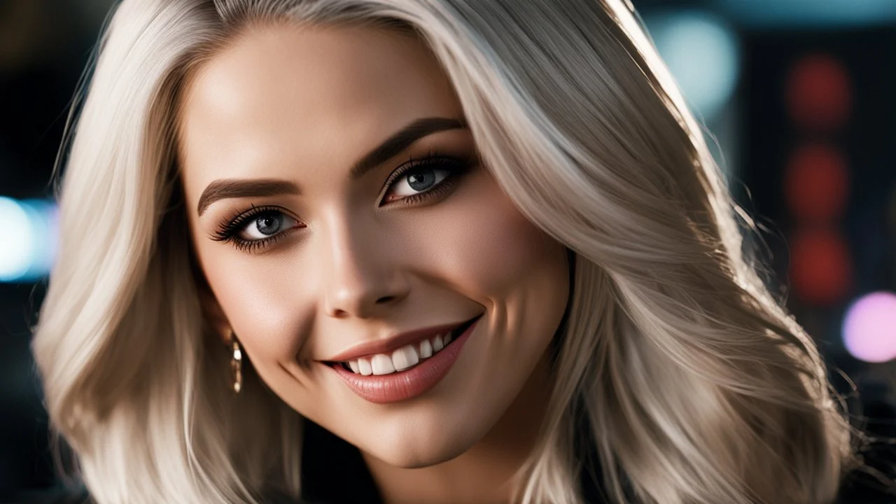 A movie capture, realistic depth, close-up of a platinum-white hair smiling woman, 1girl, (resemblance of ashleyBenson:0.6), wild long hair, dynamic pose, crime drama, {Aesthetics from:Law&Order, CSI, Criminal Minds}, {aaton-penelope: high angle, face shot, 35mm, classic anamorphic feel: barrel distortion, gradual linear focus fall off, oval bokeh, and gorgeous amber lens flares}, atmospheric cinematography, dramatic lighting, wide depth of field, ultra-realistic, {Gestalt Principles, Gestalt