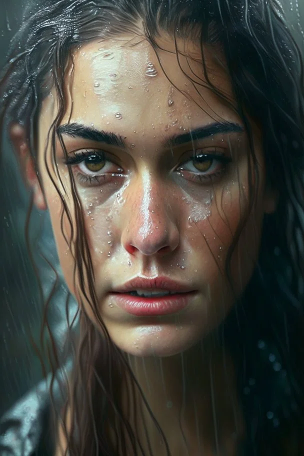 sultry young woman, eye-contact, portrait, fair skin, photo-realistic, sultry, wet hair, wet clothes, soaking wet in the rain, hi-def