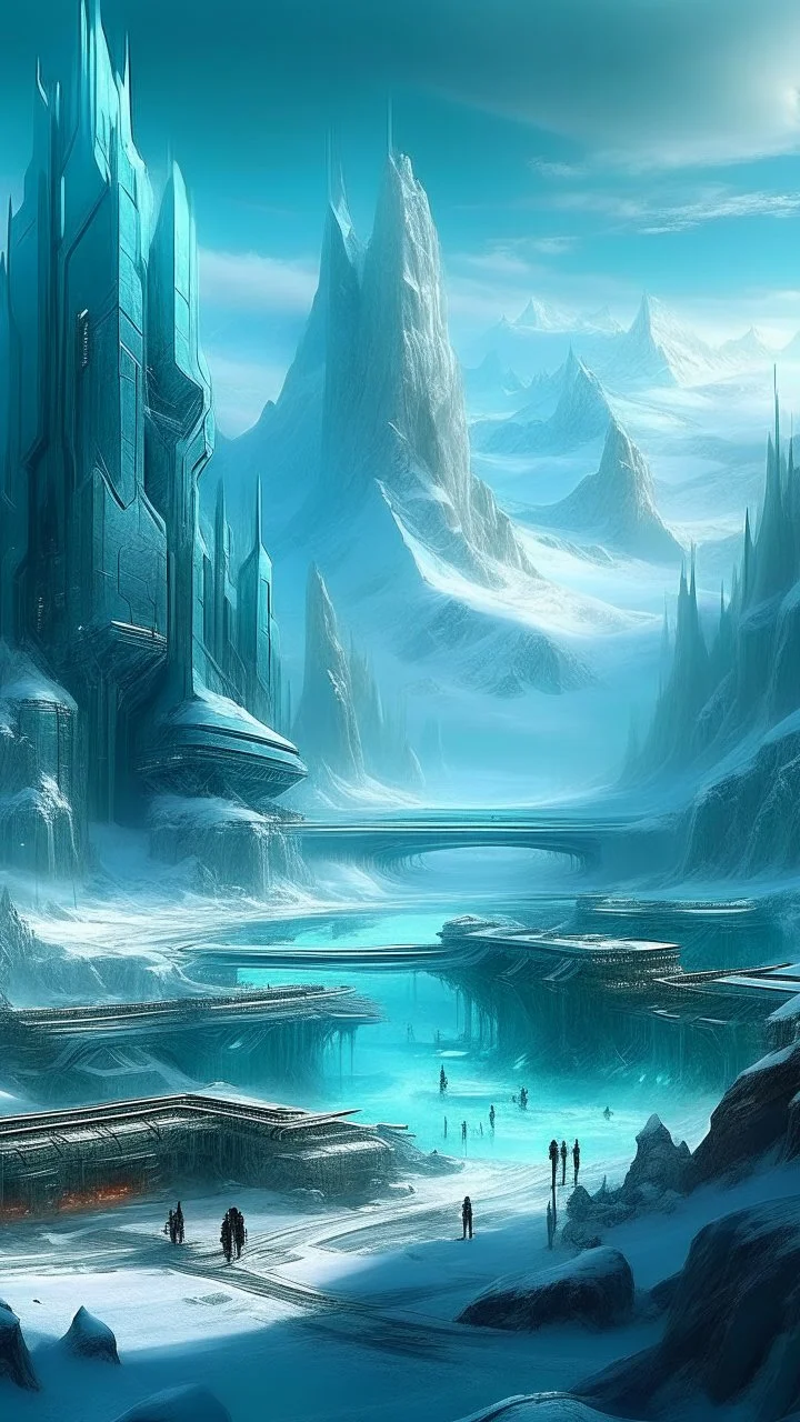 sci fi, fantasy, busy city, magical glacier