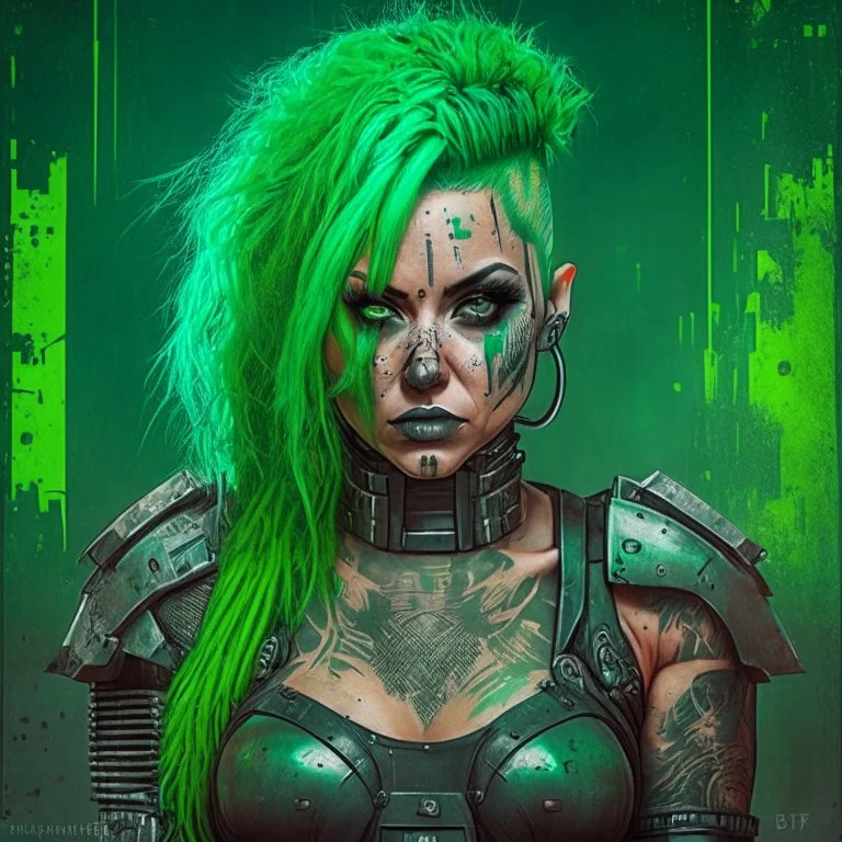 Fit tattooed woman mugshot, cyberpunk green hair, 80s comicbook style, knight armor, wasteland.