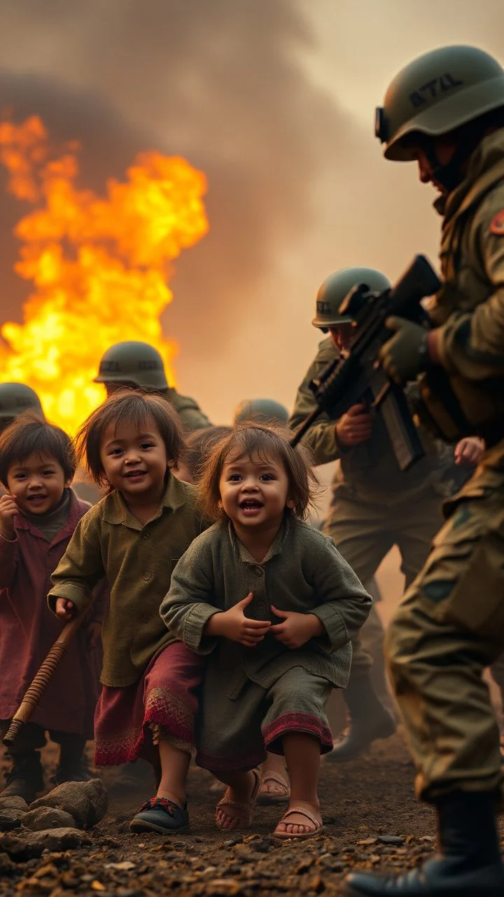 Army solders attacking young children, the children are crying and scared in a smoke and fires war environment