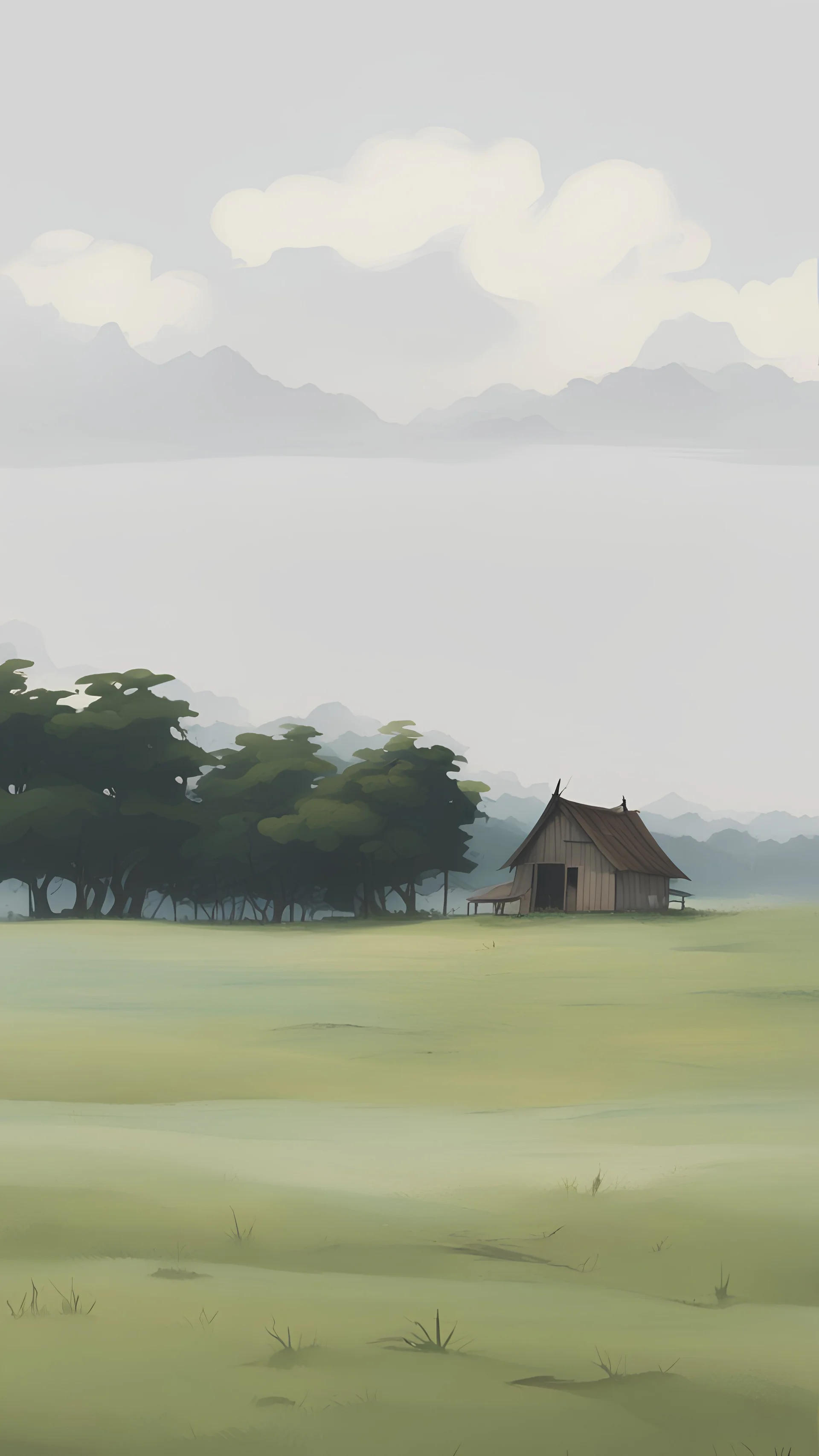 a field of grass and a simple wooden poor-like house in the center, and a tree beside them, the scenery is like a village, painting style, and a silhouette of a mom, older brother, and little sister