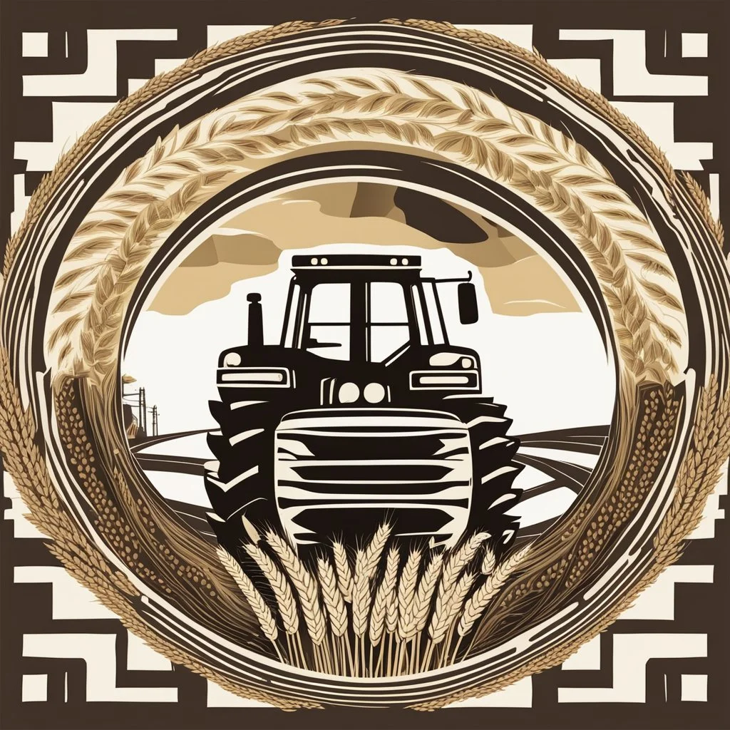 a circular frame made of spiraling wheat, a tractor at the center, bold modern urban vector