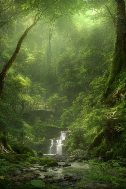 An enchanting forest scene with a magnificent waterfall cascading down a cliff, surrounded by vibrant foliage in various shades of green, sunlight filtering through the canopy above, creating a play of light and shadows, capturing the ethereal beauty of nature, Photography, DSLR camera with a wide-angle lens, f/2.8 aperture, --ar 16:9 --v 5