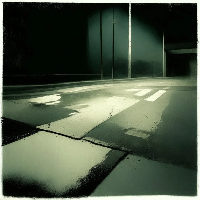 Minimal abstract oil paintings of a desolate 1960s carpark. Illuminated by a spotlights. On the floor are concrete fragments and road markings . In the dark mysterious style of Justin Mortimer and Francis Bacon.