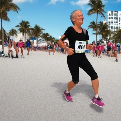  old Sonia Lombardi happily running a marathon on Miami beach, full body, about to cross the finish line, photo realistic, 8k, realism