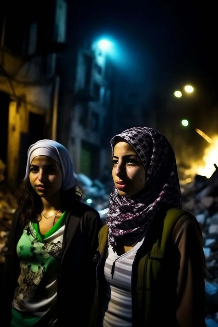 Palestinian girls wears Palestinian keffiyeh , Destroyed Buildings , with a Explosions, at night