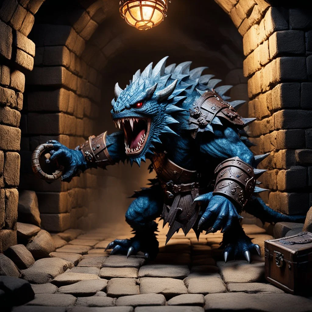 A hyper-detailed, dynamic photograph capturing a classic AD&D Mimic monster in a full, ferocious attack within a dimly lit, ancient stone dungeon corridor. The central focus is a seemingly innocuous, iron-banded wooden treasure chest (about 3 feet high), which has just sprung into life as a horrific Mimic. The creature is fully committed to action: a long, rubbery, purple tongue covered in acidic slime has whipped out from the chest's central 'lid', wrapped tightly around the armored leg of a pa