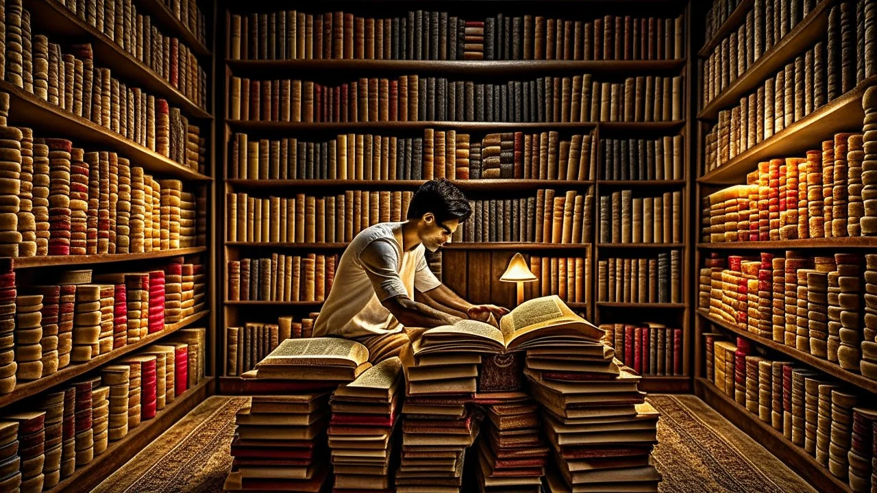 The image captures a moment of deep immersion in the world of books and personal development. It offers a unique glimpse as the person sits surrounded by books, engrossed in reading content that contributes to self-improvement and acquiring new knowledge. The proper lighting and intricate details enhance a positive and motivating atmosphere for learning and growth. The image portrays a scene where the individual is actively engaging in self-development through reading, highlighting the impact of