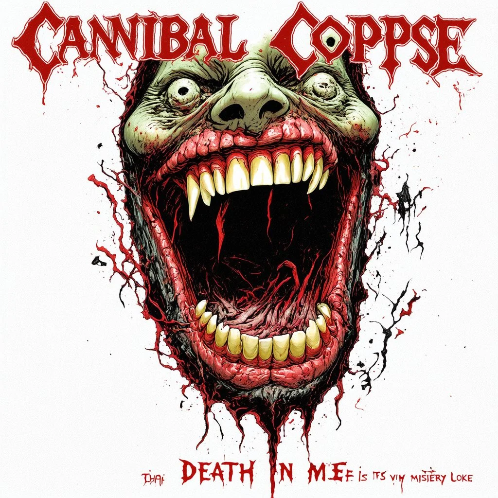 Pestilential rictus, Grin is fixed in misery, rancid rotting maw, raw messy illustrative style by Vincent Locke, unbalanced, offset, non-symmetrical surreal horror, text "Cannibal Corpse" album cover aesthetic in a death metal font