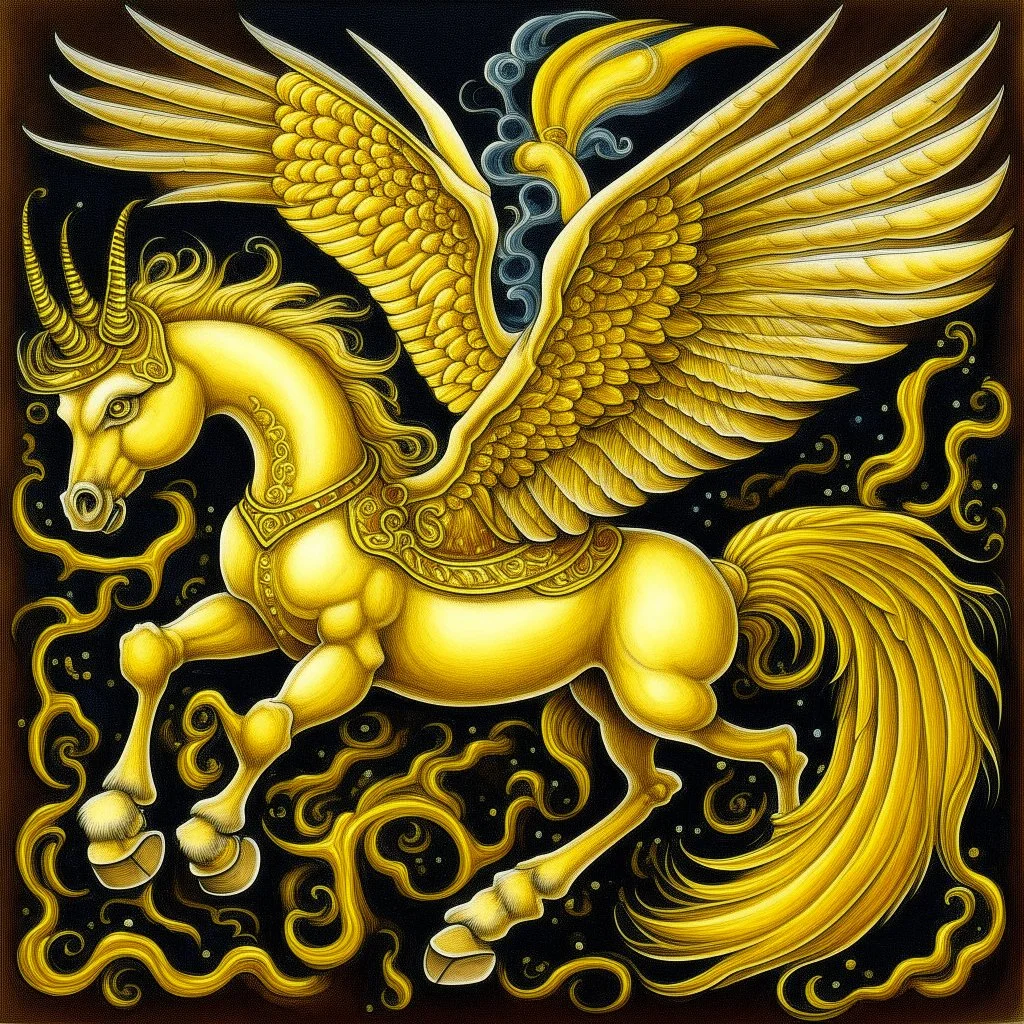 A yellow lightning elemental winged unicorn painted by MC Escher