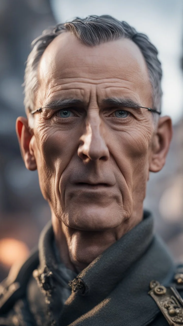 Jens Stoltenberg wearing monocles and armor in Stalingrad, bokeh like f/0.8, tilt-shift lens 8k, high detail, smooth render, down-light, unreal engine, prize winning