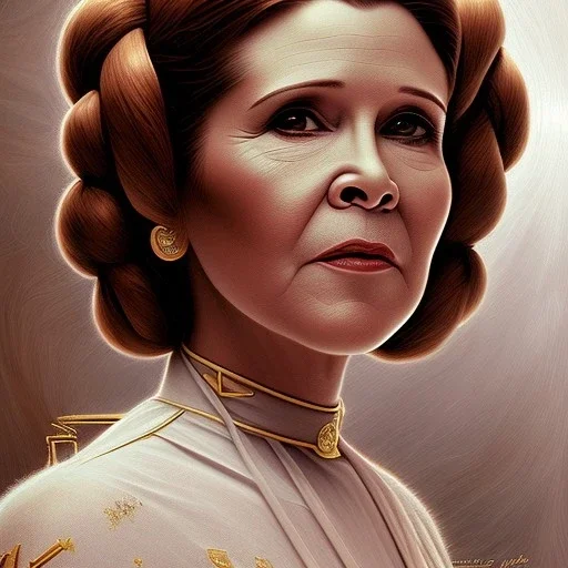 hyperspace background, complete and photo realistic detailed head to waist stunning photo realistic portrait of carrie fisher as Princess Leia in star wars with photo realistic updo hair by Mandy Jurgens and mucha and Richard Schmid and chuck close and chie yoshii, extraordinary and detailed ceremony dress of star wars,brown eyes