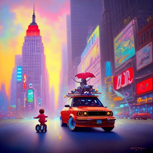 A one-year-old boy rides on the cow in the middle of a busy street in new york. photographic, bright colors and sunset, fantasy art, Anna Dittmann, digital painting, dan mumford, oil on canvas, jeff koons, akihito yoshida, wlop, kodachrome.