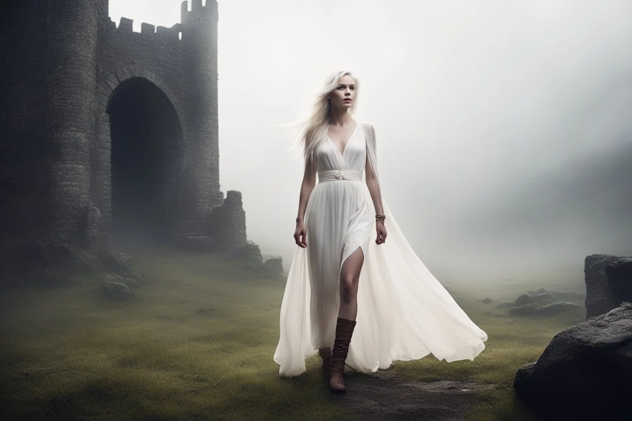 she has pale skin and white hair that gleamed like moonlight on a clouded night. The ruins of a once-mighty stone castle loomed in the mist-shrouded distance Her slender, athletic frame exuded a primal grace, a testament to the untamed spirit that dwelled within her. Clad in a simple white tunic, brown pants, and a leather belt adorned with pouches of mysterious contents, she stood as a solitary figure against the backdrop of a desolate landscape.But it was not just the tunic and pants that ador