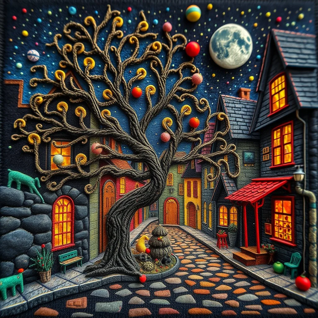 Photograph hasselblad h6d400c --ar 85:128 --v 6.0 of a fairy old bewitched street, tree, made of felt, art, tiltshift, 3d deep field, galaxies and planets, needlepoint, Joan Miró, odd, abstract, expressionist style, colorful holiday