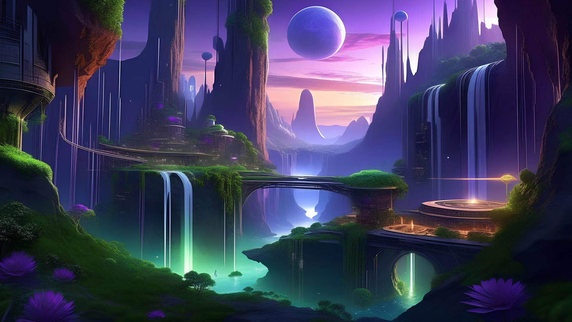 a futuristic city inside a lush and overgrown canyon. the scenery is alien with otherworldly plants and transparent, crystallike water flowing in streams and waterfall through the canyon on the horizon a purple sun is setting and in the sky above stars and a larger planet can be seen